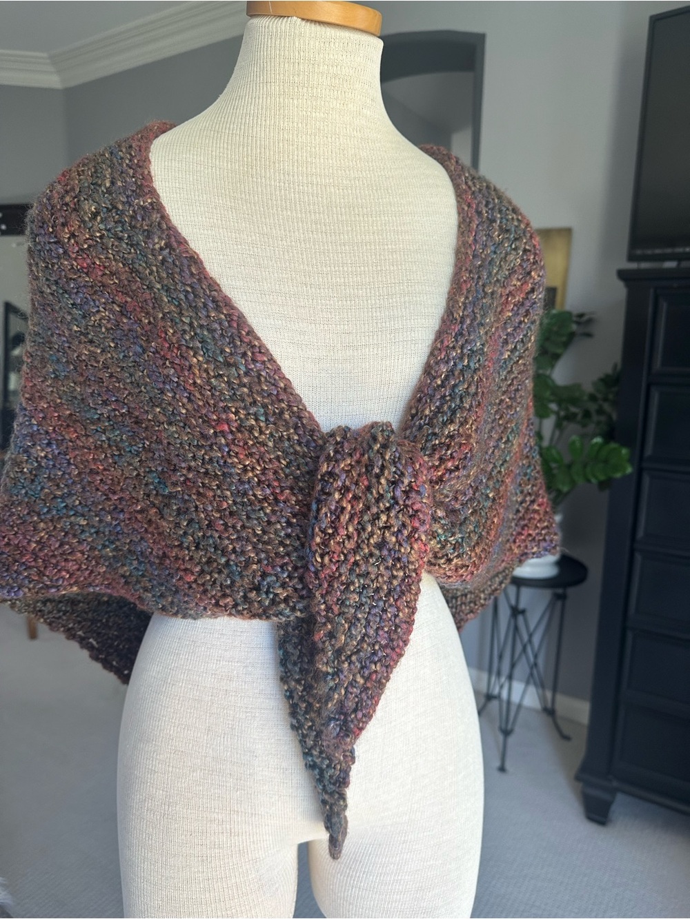 Hand-Knit Shawl Wrap Multicolor Chunky in Earth Tones
